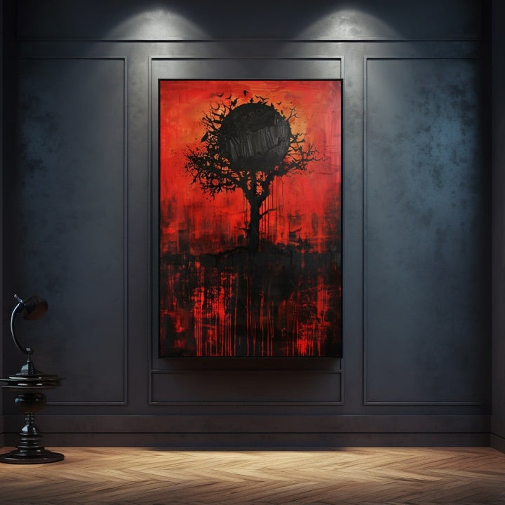 Peinture Abstraite Arbre Noir sur Fond Rouge, art mural décoration nature