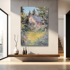 Peinture Maison Fleurie en Été, art mural décoration nature