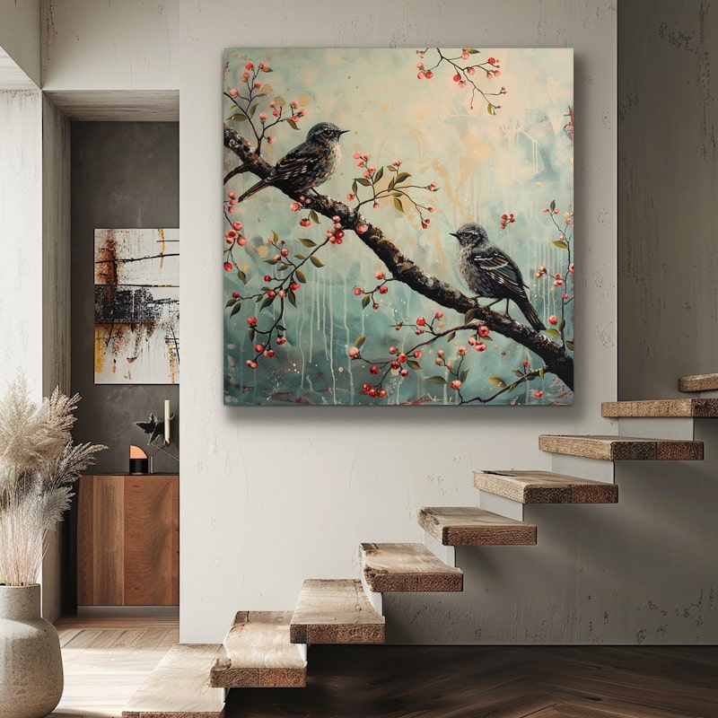 HORLOGE MURALE SUR toile 60x30 peinture hiver neige branche animal oiseau EUR 54,99 - FR HORLOGE MURALE SUR toile 60x30 peinture hiver neige branche animal oiseau EUR 54,99 - FR