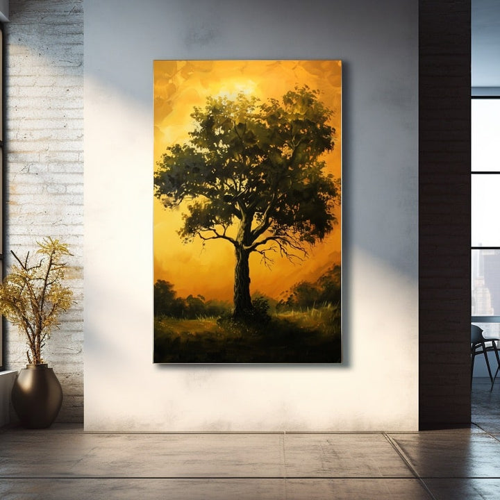Peinture Arbre au Coucher de Soleil Doré, art mural décoration nature