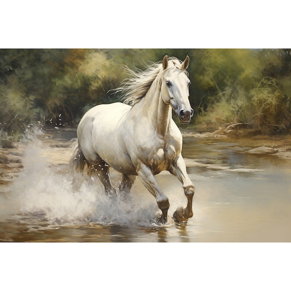 Peinture Cheval Blanc dans la Rivière, art mural décoration nature