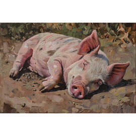 Peinture de Cochon Rose Endormi dans la Boue au Soleil, art mural décoration nature