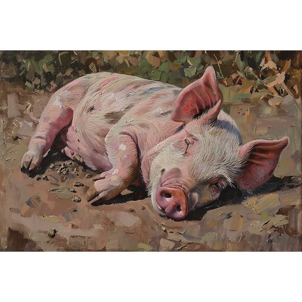 Peinture de Cochon Rose Endormi dans la Boue au Soleil, art mural décoration nature