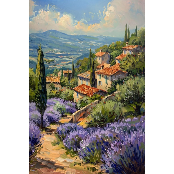 Peinture Paysage Provençal, Village et Lavande, art mural décoration nature