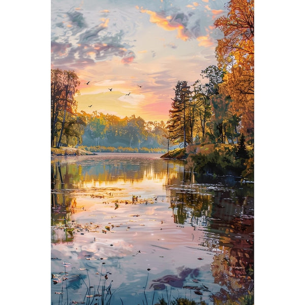 Peinture Paysage Lac d'Automne au Lever du Jour, art mural décoration nature