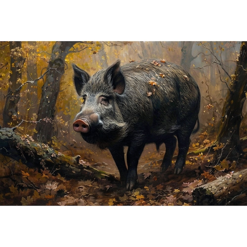 Peinture Sanglier en Forêt d'Automne, art mural décoration nature