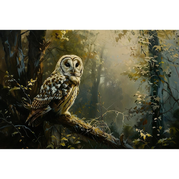 Peinture Chouette Hulotte dans une Forêt Mystérieuse, art mural décoration nature