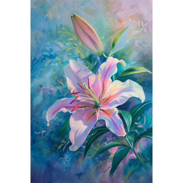 Peinture florale d'un lys aux pétales nacrés, feuilles vertes et halo turquoise et mauve en arrière-plan