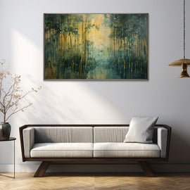 Peinture de Bambou en Forêt Brumeuse Lumière Dorée, art mural décoration nature