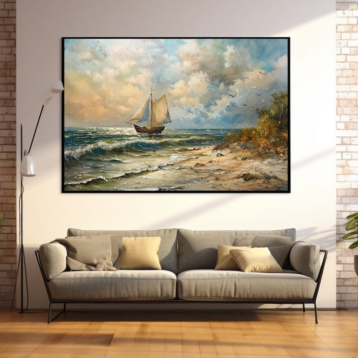 Peinture de Bateau en Mer, art mural décoration nature