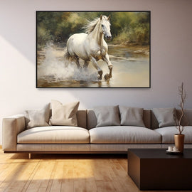 Peinture Cheval Blanc dans la Rivière, art mural décoration nature