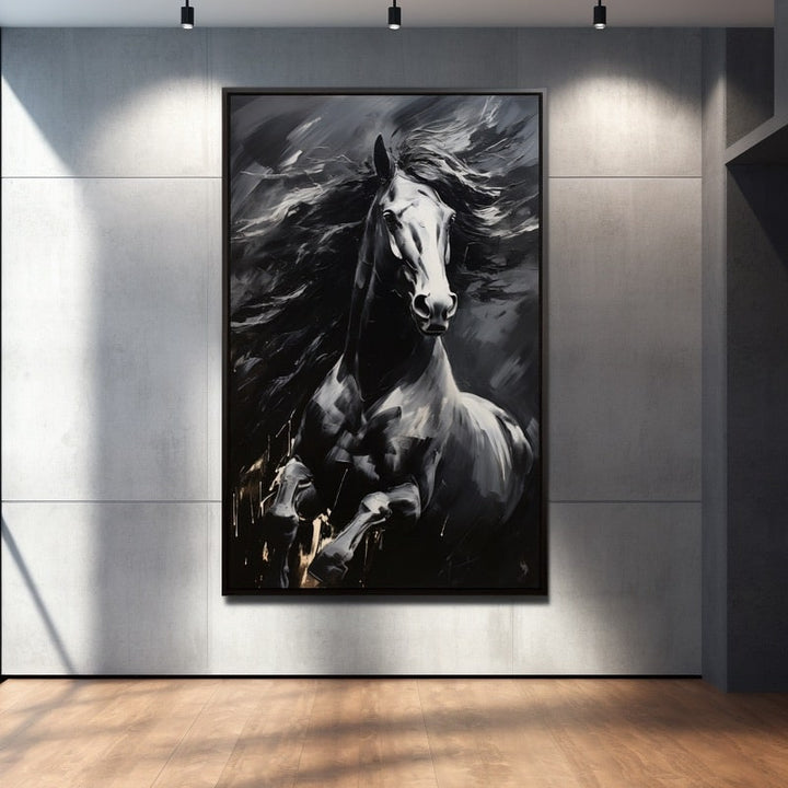 Peinture Cheval Contemporain Noir et Blanc, art mural décoration nature
