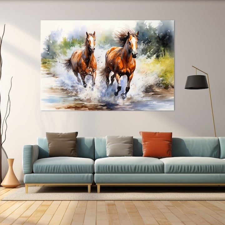 Chevaux dans l'Eau à l'Aquarelle, art mural décoration nature
