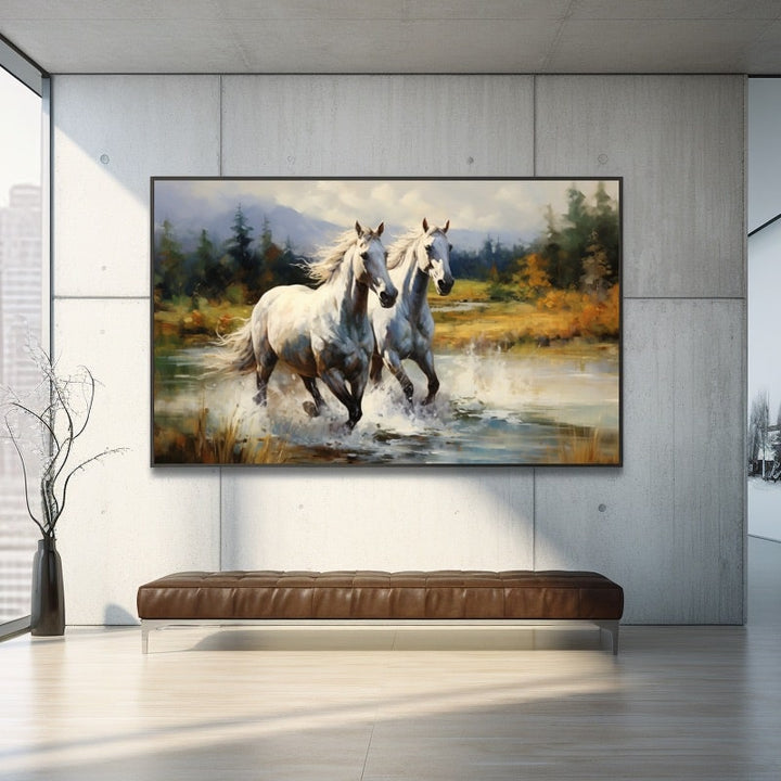 Peinture Chevaux Sauvages dans la Rivière, art mural décoration nature