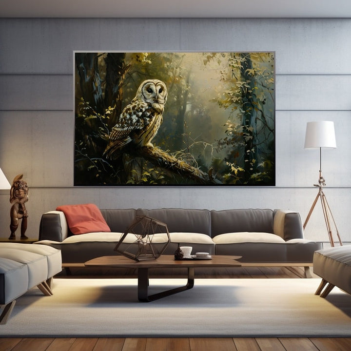 Peinture Chouette Hulotte dans une Forêt Mystérieuse, art mural décoration nature