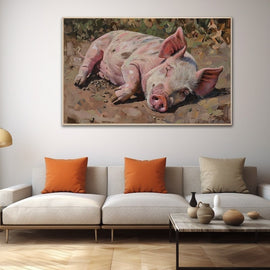 Peinture de Cochon Rose Endormi dans la Boue au Soleil, art mural décoration nature