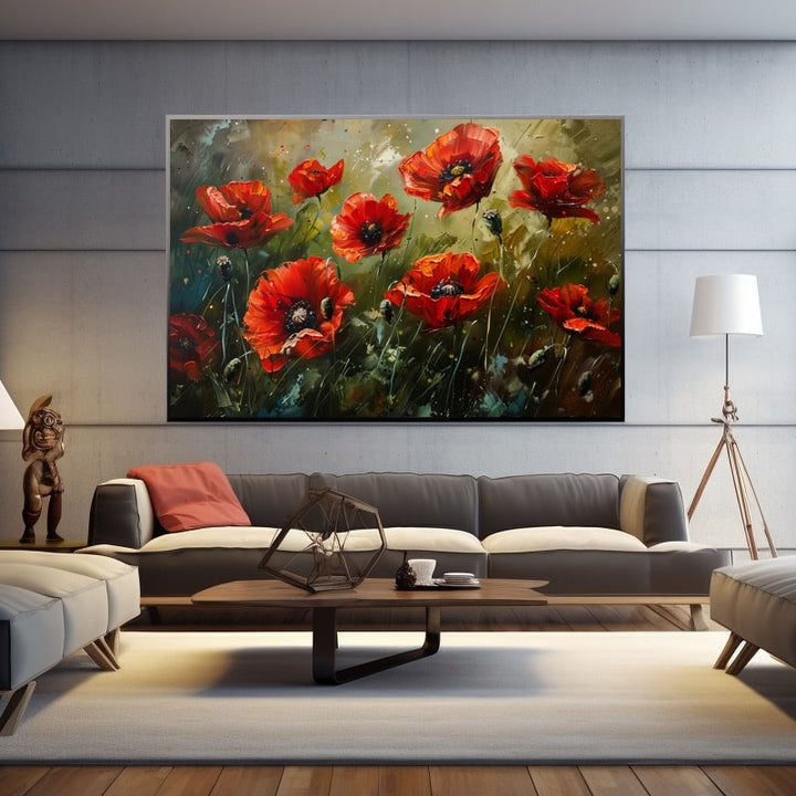 Tableau de coquelicots rouges aux pétales épais et cœurs noirs, dressés parmi les herbes sur fond vert olive
