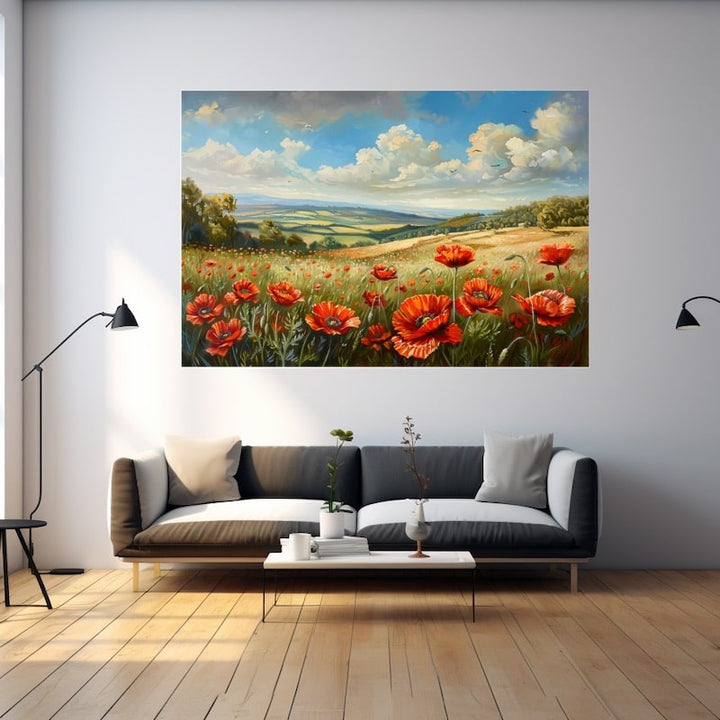 Tableau d'un champ de coquelicots rouges devant des collines verdoyantes et un vaste ciel nuageux