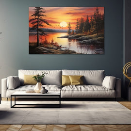 Peinture Coucher de Soleil sur un Lac Boisé, art mural décoration nature
