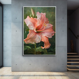 Peinture Fleur Lys Blancs et Pêche en Vase de Verre, art mural décoration nature