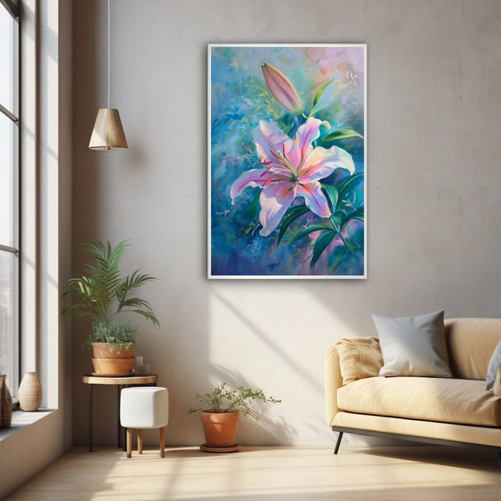 Tableau à l'huile d'un lys blanc strié de rose, étamines roses et bouton fermé sur fond bleu turquoise