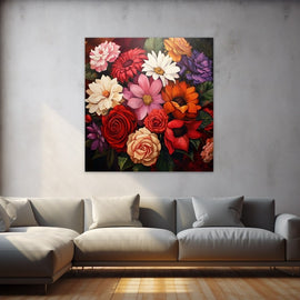 Peinture Huile Fleurs Roses et Dahlias, art mural décoration nature
