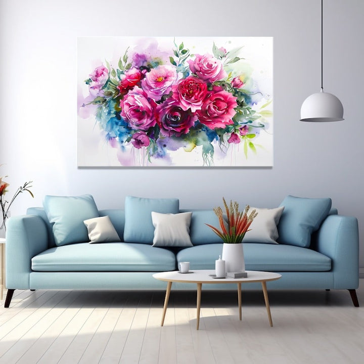 Tableau bouquet de roses roses à l'aquarelle