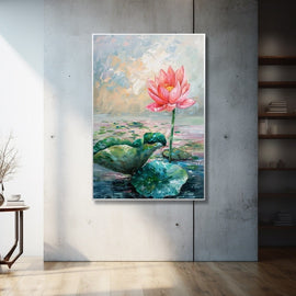 Peinture de Lotus Rose sur Étang aux Nénuphars Verts, art mural décoration nature