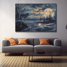 Peinture de Loup à la Lune, art mural décoration nature