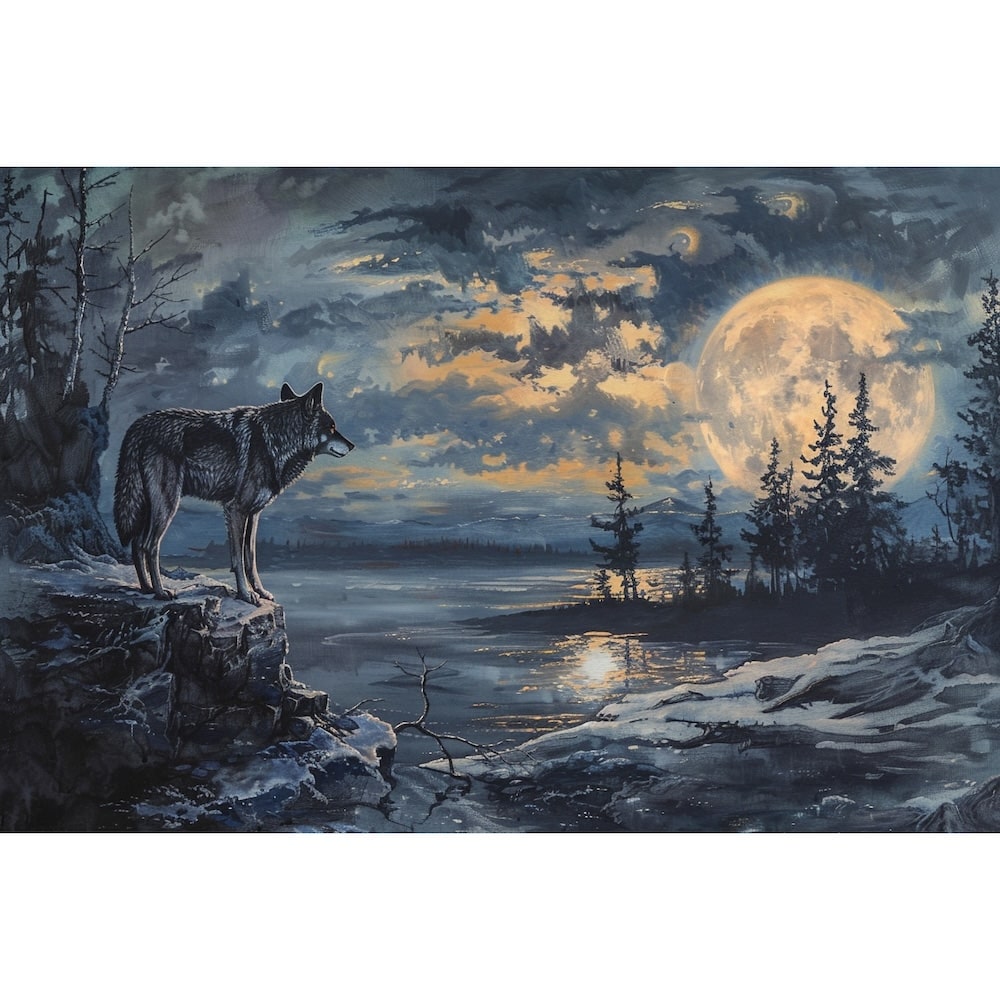 Peinture de Loup à la Lune, art mural décoration nature
