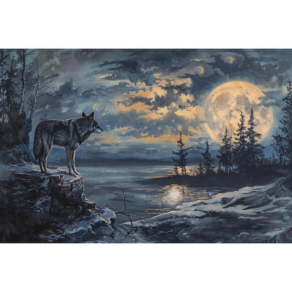 Peinture de Loup à la Lune, art mural décoration nature