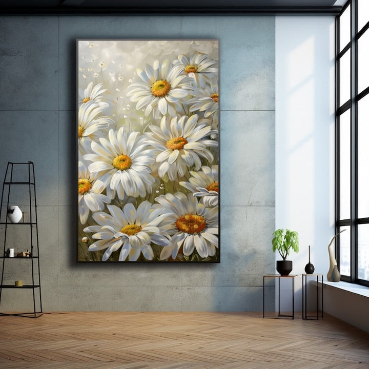 Tableau de marguerites blanches aux cœurs jaune orangé, pétales généreux et feuillage vert sur fond clair