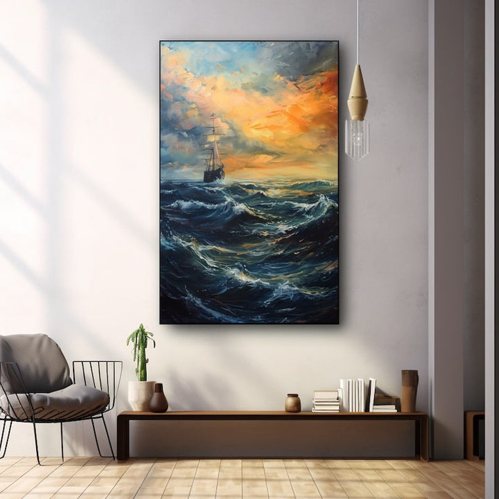 Peinture de Mer Agitée au Coucher de Soleil et Voilier, art mural décoration nature