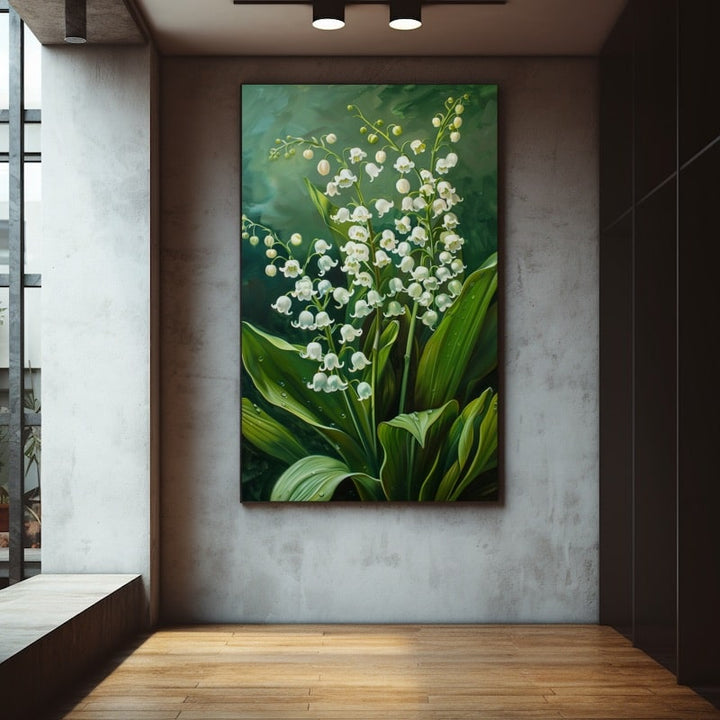 Tableau de brins de muguet aux clochettes blanches, larges feuilles vertes perlées de rosée sur fond vert profond