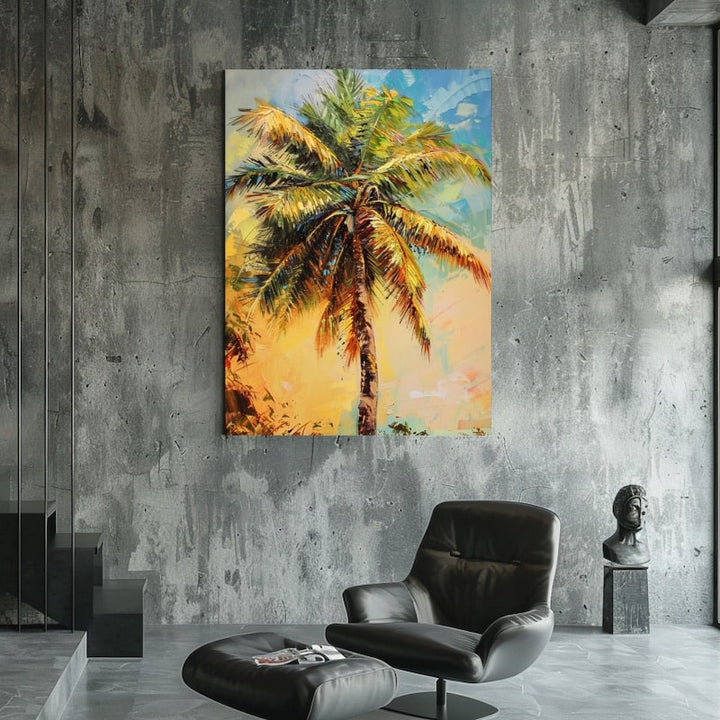 Peinture Palmier au Coucher de Soleil, art mural décoration nature