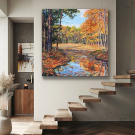 Peinture Sous-Bois et Étang d'Automne, art mural décoration nature