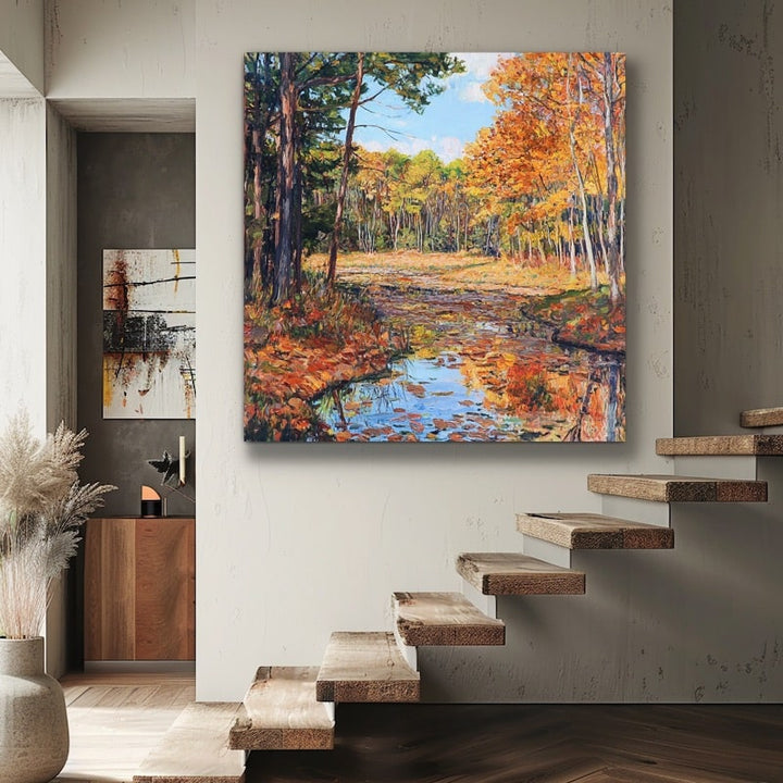 Peinture Sous-Bois et Étang d'Automne, art mural décoration nature
