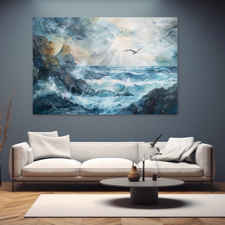 Peinture Aquarelle Terre et Mer, art mural décoration nature