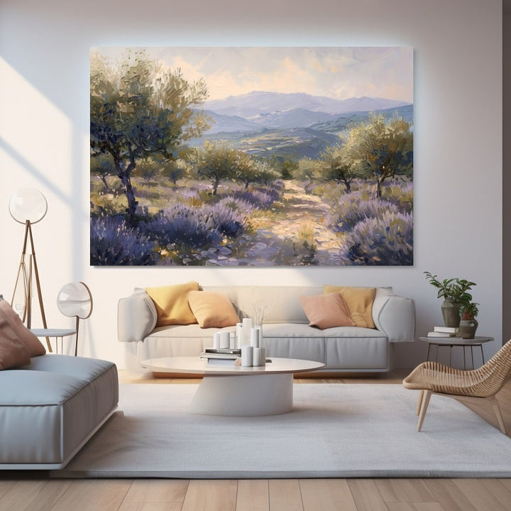 Peinture Paysage de Provence Oliviers et Lavande, art mural décoration nature