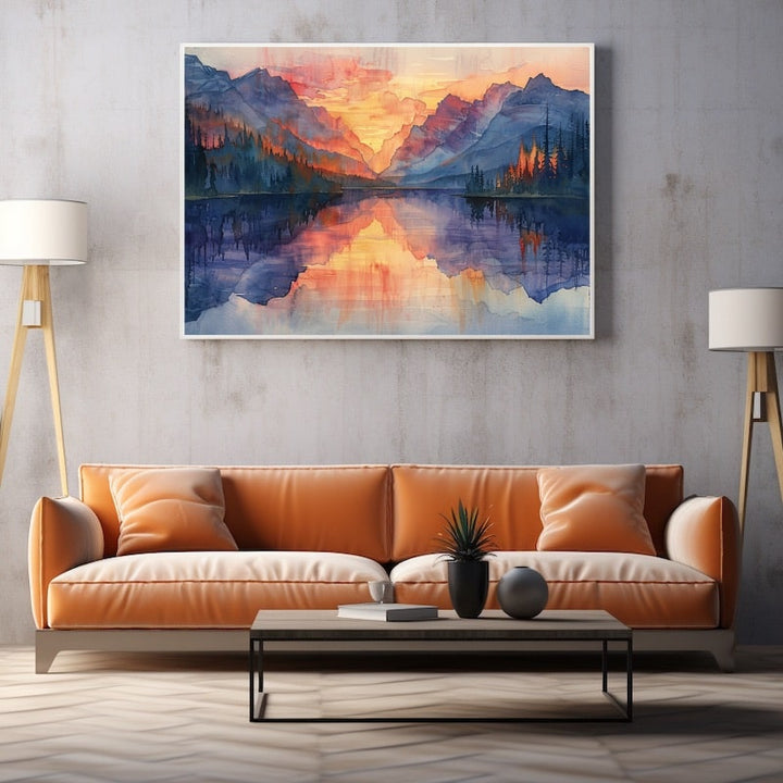 Peinture Aquarelle Paysage de Lac au Coucher de Soleil, art mural décoration nature