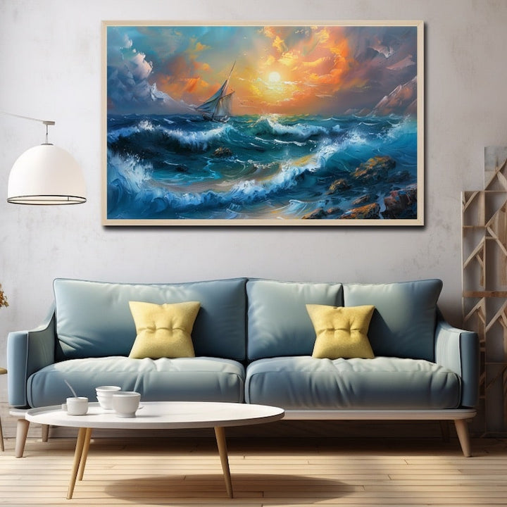 Peinture Paysage Marin, Voilier au Coucher de Soleil, art mural décoration nature