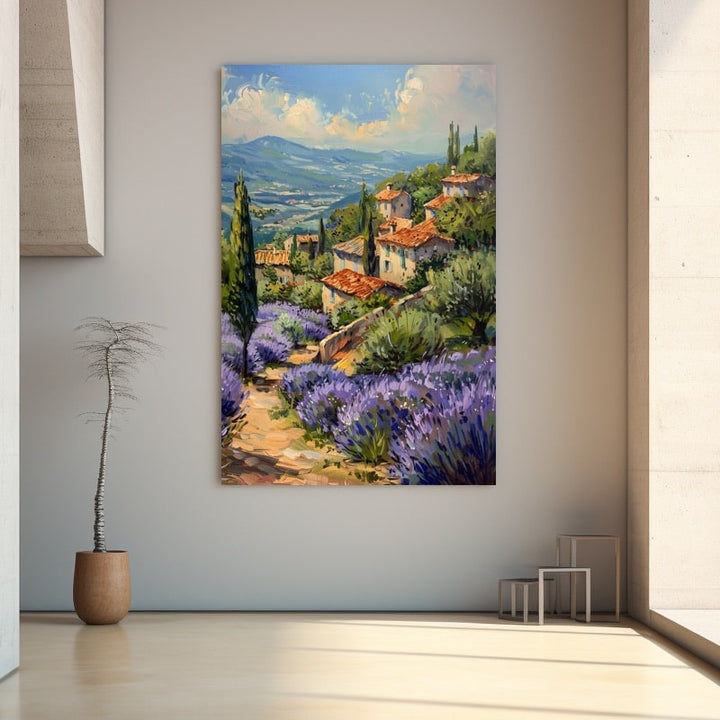 Peinture Paysage Provençal, Village et Lavande, art mural décoration nature