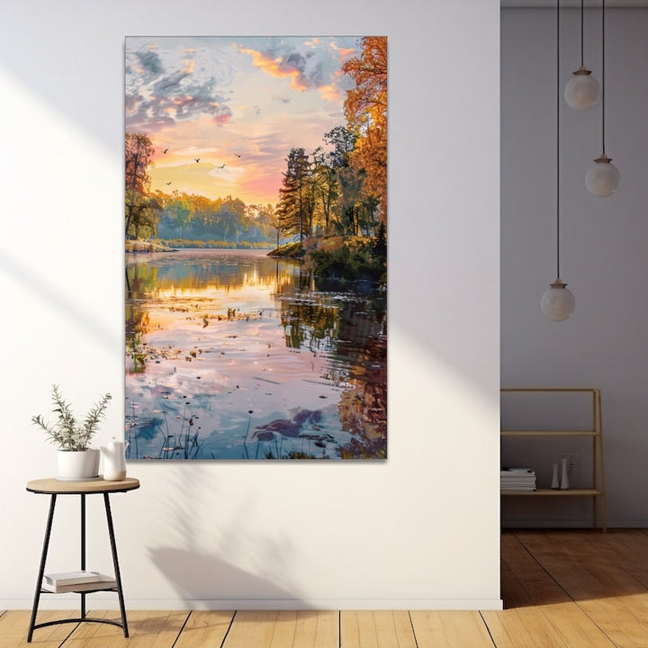 Peinture Paysage Lac d'Automne au Lever du Jour, art mural décoration nature