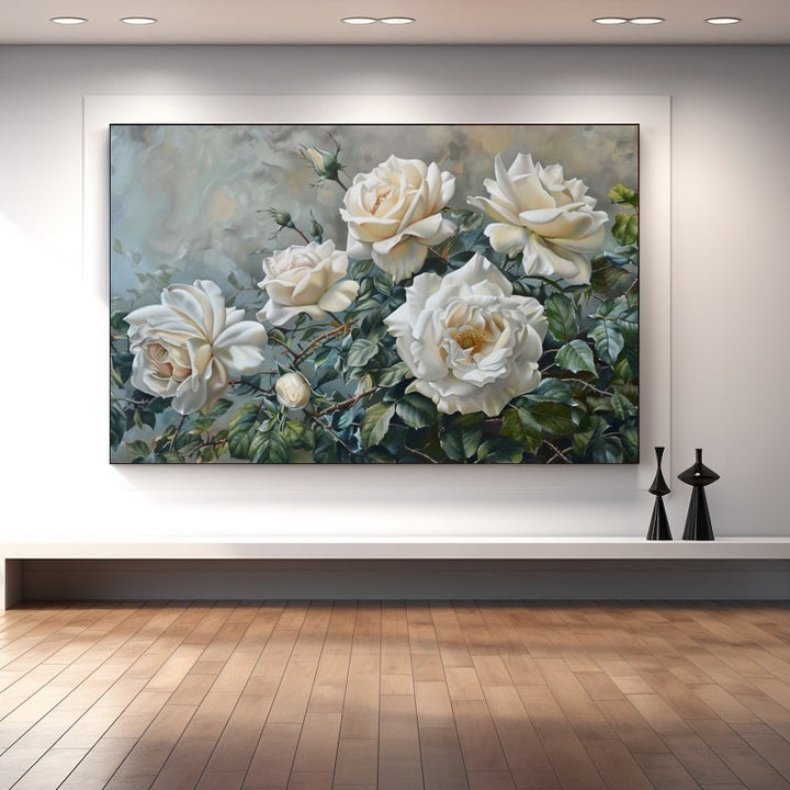 Peinture de Roses Blanches, art mural décoration nature