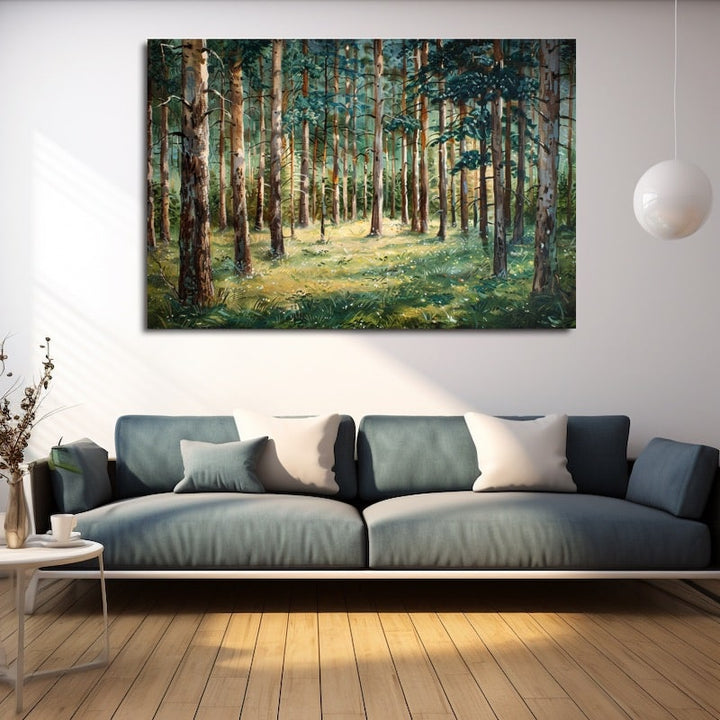 Peinture Sapins en Forêt Ensoleillée, art mural décoration nature