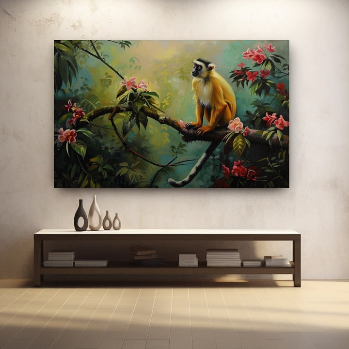 Peinture Singe en Jungle Fleurie, art mural décoration nature