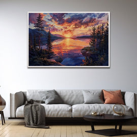 Peinture Couchant sur Lac de Montagne, art mural décoration nature