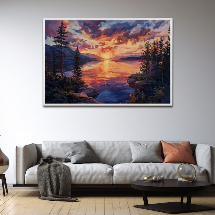 Peinture Couchant sur Lac de Montagne, art mural décoration nature