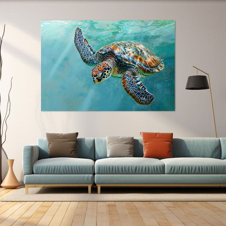 Peinture Tortue Marine sous l'Eau, art mural décoration nature