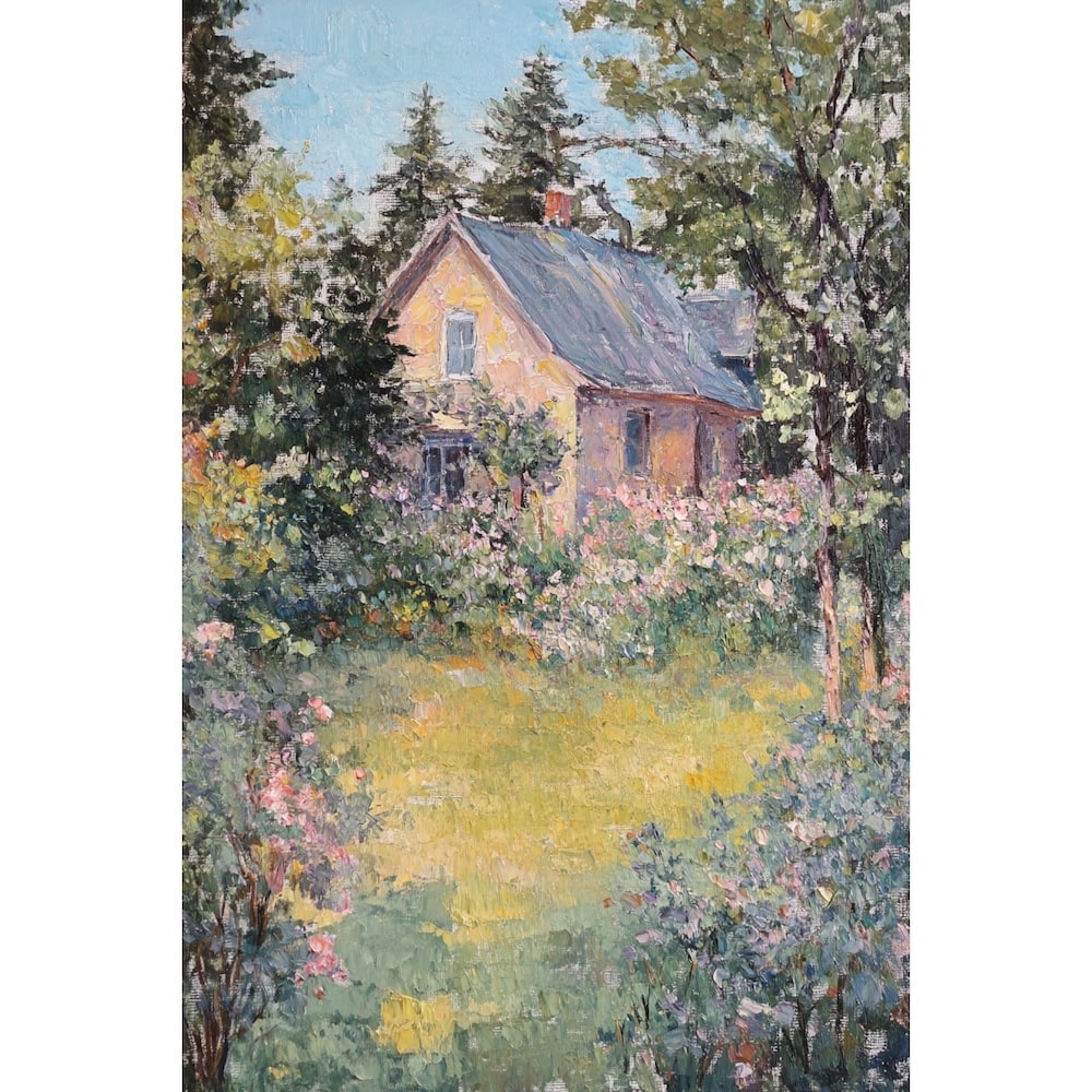 Peinture Maison Fleurie en Été, art mural décoration nature